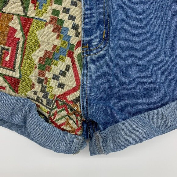 Shein Denim Shorts Blue Roll Up Embroidered Aztec Tribal - Picture 4 of 9
